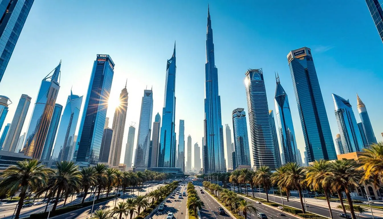 The image depicts the Abu Dhabi business district skyline, showcasing a collection of modern skyscrapers that represent the city's economic growth and development. 
