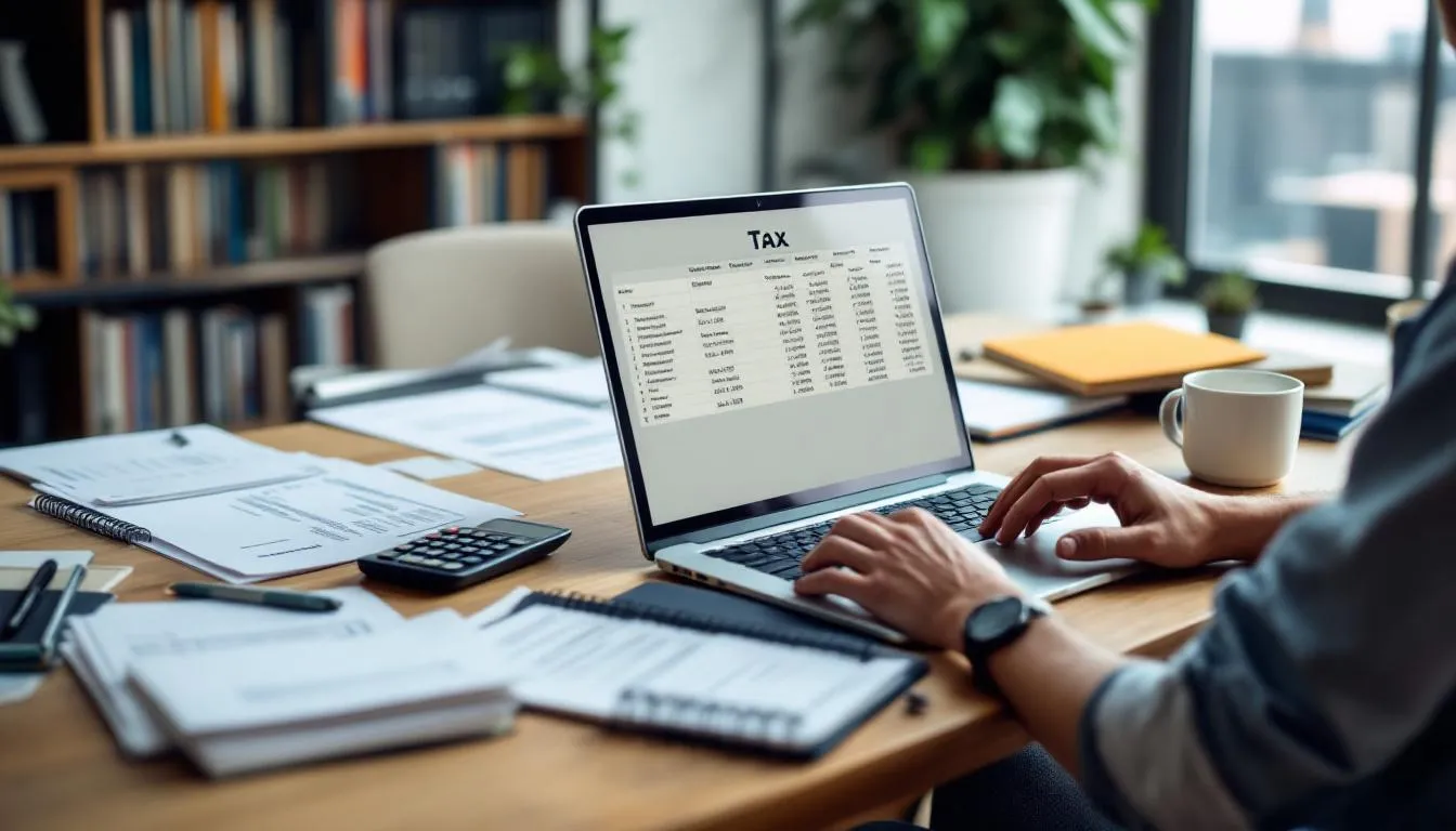 A person is sitting at a desk, focused on a laptop while surrounded by tax-related documents, a calculator, and financial statements, indicating the process of preparing to file corporate tax returns 