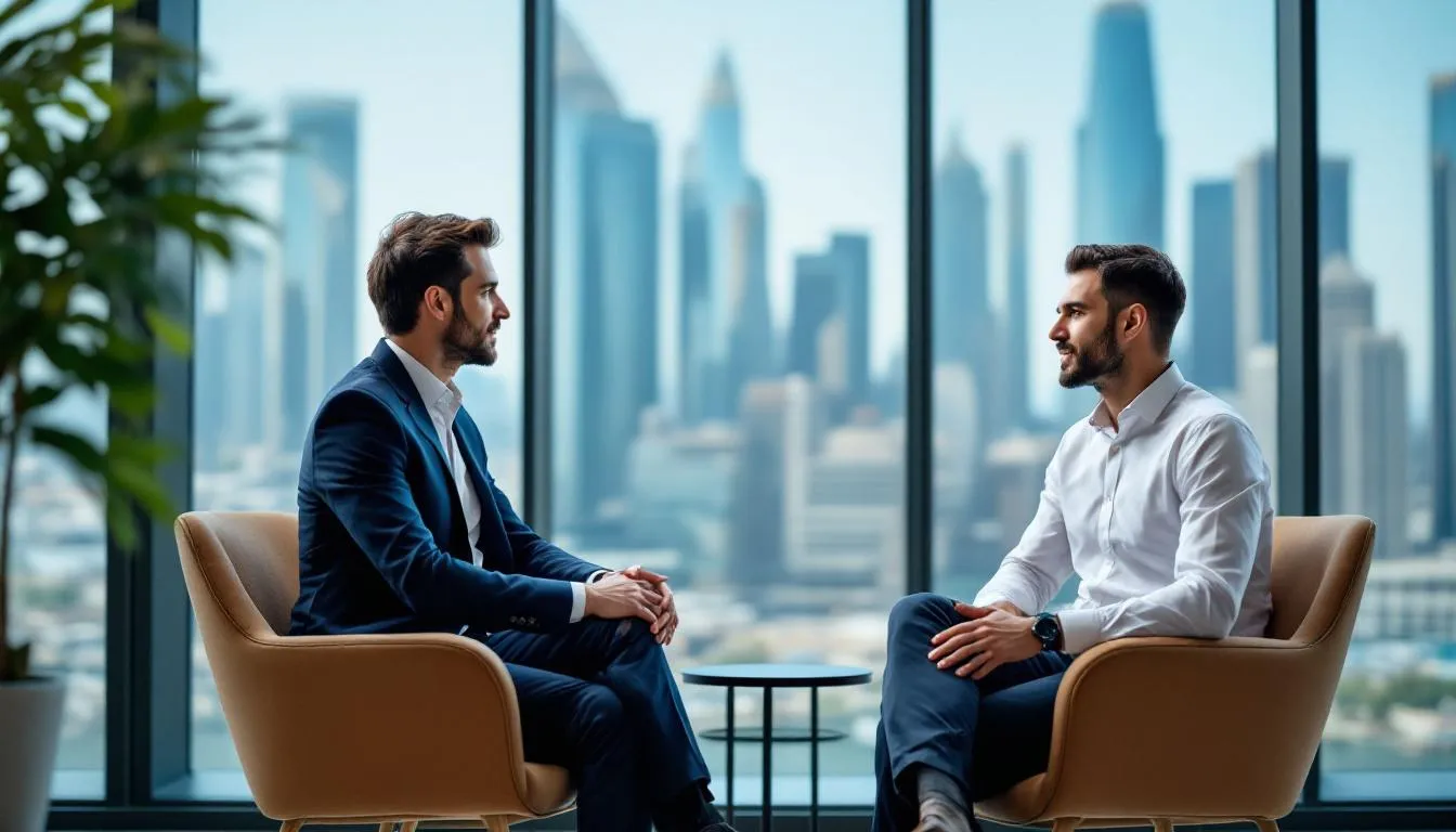 n a modern office in Abu Dhabi, a professional tax consultant is engaged in a discussion with a business owner, focusing on corporate tax compliance and strategic tax planning to minimize tax liabilit